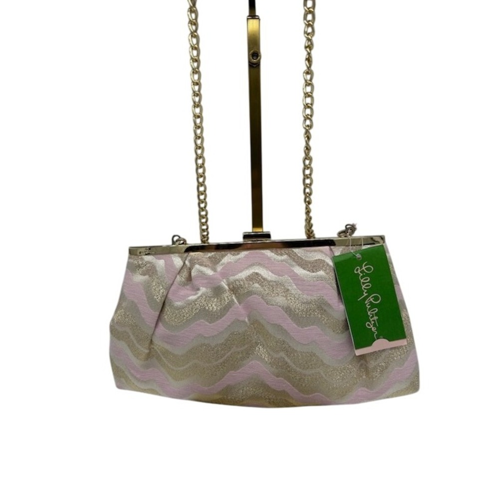 Lilly Pulitzer Clutch Evening Bag Jacquard Gold Chain Strap Lilly's Pink New